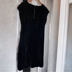 RARE Lilith Black Velvet Midi Dress Cap Sleeve Minimalist Luxe Pearl Button Back